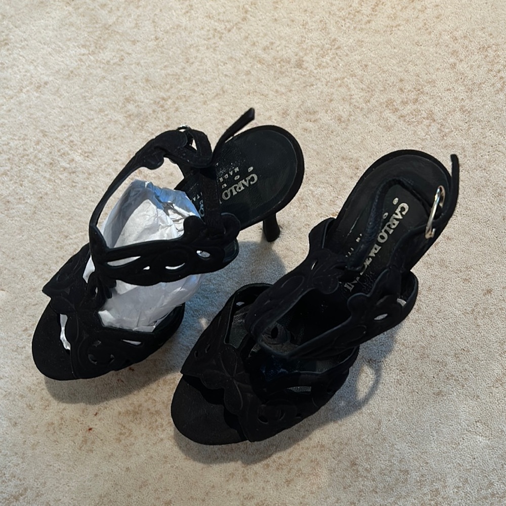 Almost new suede black high heel evening sandals. Size 37